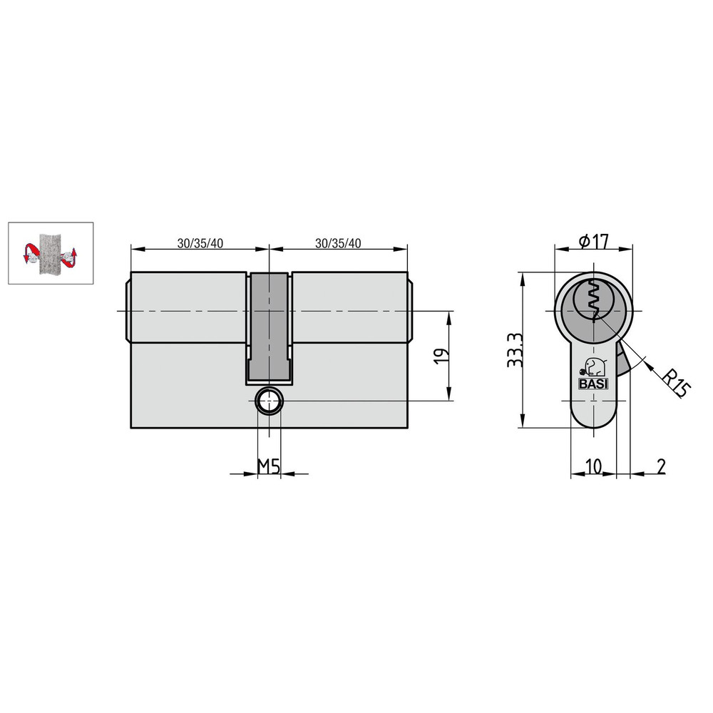 BASI Profil-Doppelzylinder,Serie V50,EN 1303:2015 geprüft,Verschiedenschließend,N+G Funktion,BL 30/35 mm,3 Zylinderschlüssel,Messing matt vernickelt Produktbild img2 L