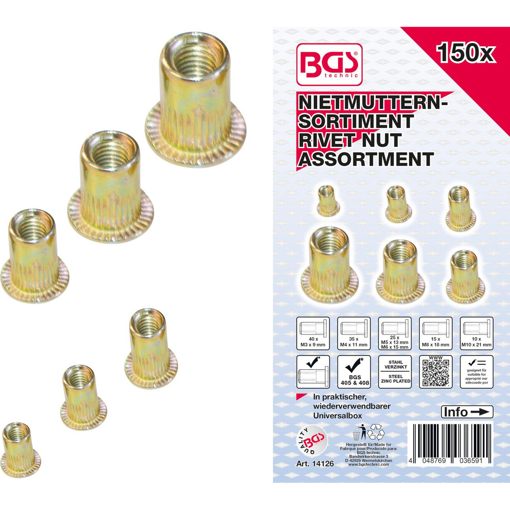 BGS Nietmuttern-Sortiment verzinkter Stahl 150-teilig Produktbild img1 L