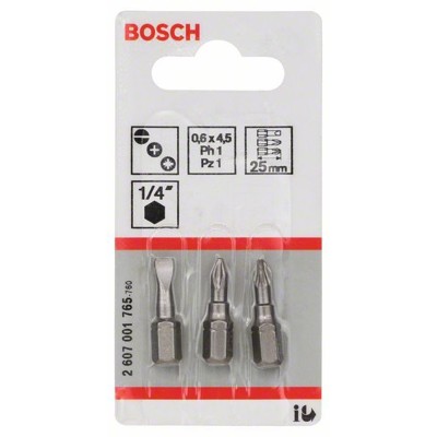 Produktbild von Bosch - Schrauberbit-Set Extra-Hart (gemischt), 3-teilig, S 0,6x4,5, PH1, PZ1, 