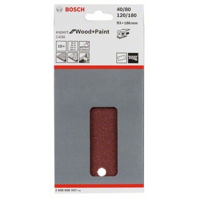 Produktbild von Bosch - Schleifblatt C430, 93 x 186mm, 2x40, 3x80, 3x120, 2x180, 8 Löcher, 10er