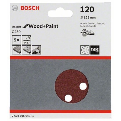 Produktbild von Bosch - Schleifblatt C430 für Exzenterschleifer, 5er-Pack, 8 Löcher, 125mm, Kör