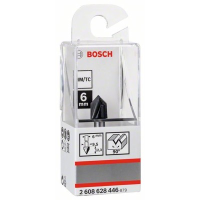 Produktbild von Bosch - V-Nutfräser, 6 mm, D1 9,5 mm, L 12,35 mm, G 45 mm, 90° (2608628446)