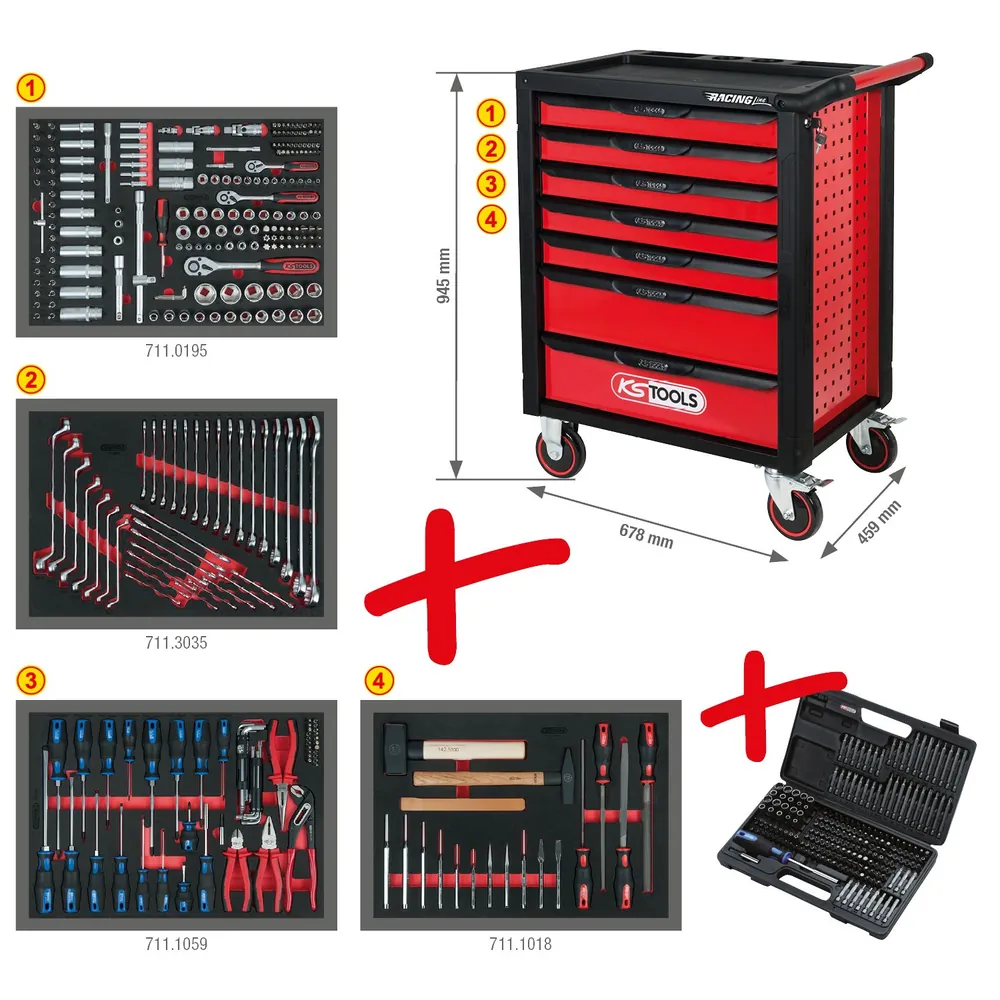 KSTOOLS RACINGline SCHWARZ/ROT Werkstattwagen mit 7 Schubladen und 515 Premium-Werkzeugen Produktbild img2 L