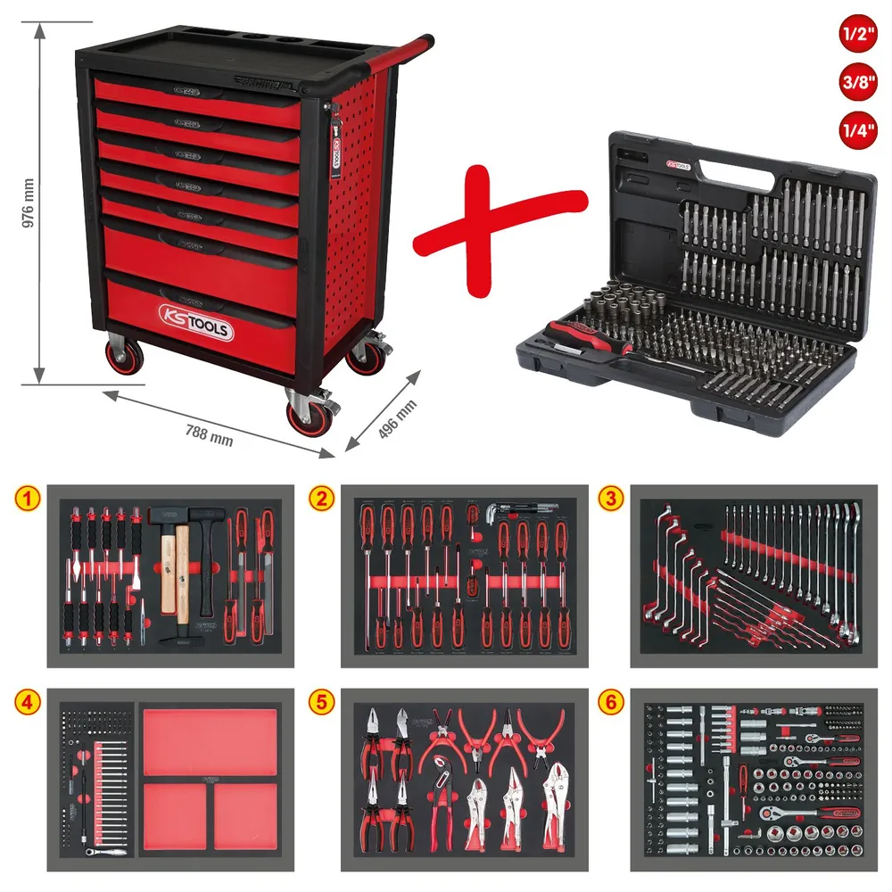KSTOOLS RACINGline SCHWARZ/ROT Werkstattwagen mit 7 Schubladen und 598 Premium-Werkzeugen Produktbild img1 L