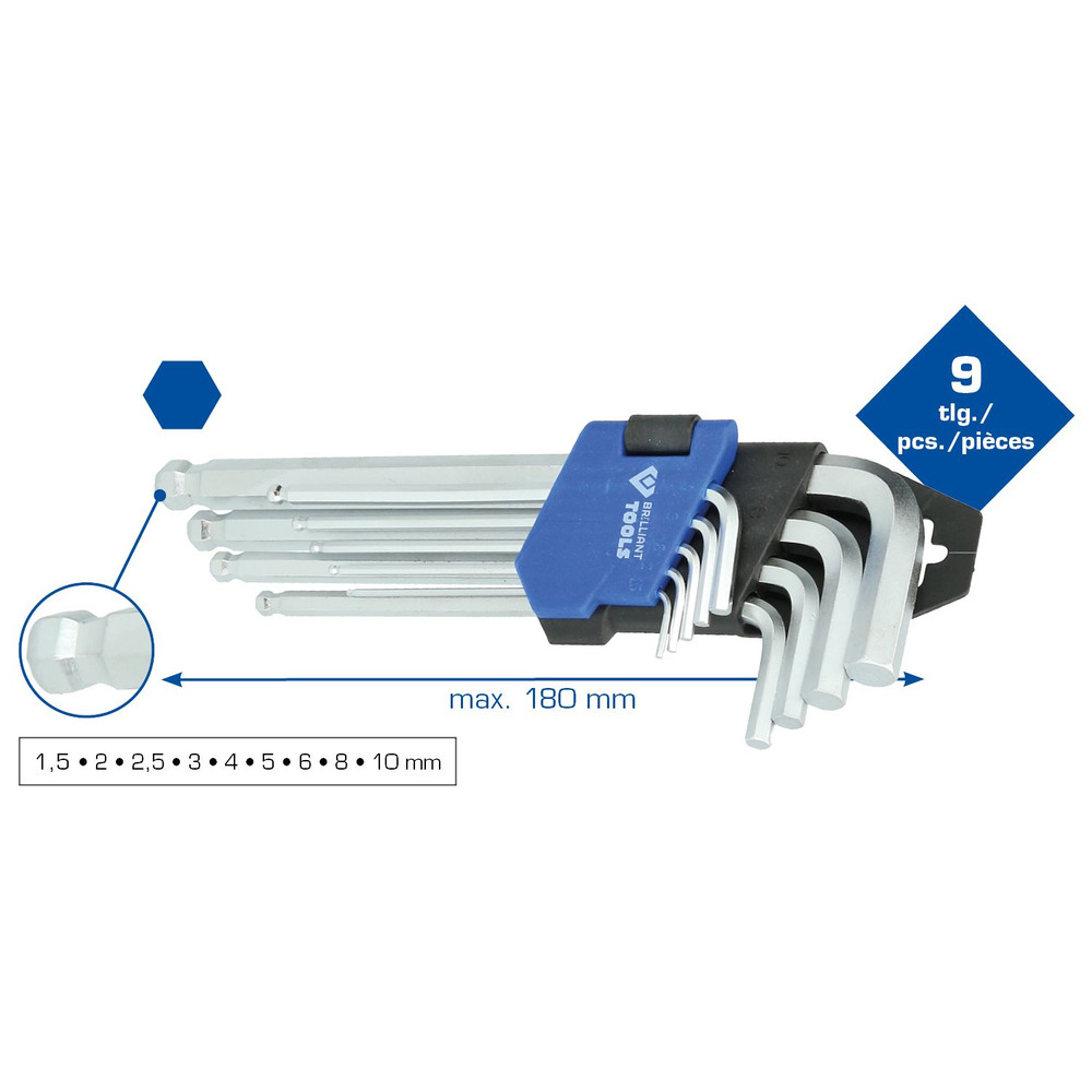 Brilliant Tools Winkelstiftschlüssel-Satz, 9-teilig, Innensechskant-Profil, kurz Produktbild img9 L