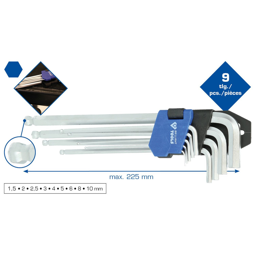 Brilliant Tools Winkelstiftschlüssel-Satz, 9-teilig, Innensechskant-Profil, lang Produktbild img11 L