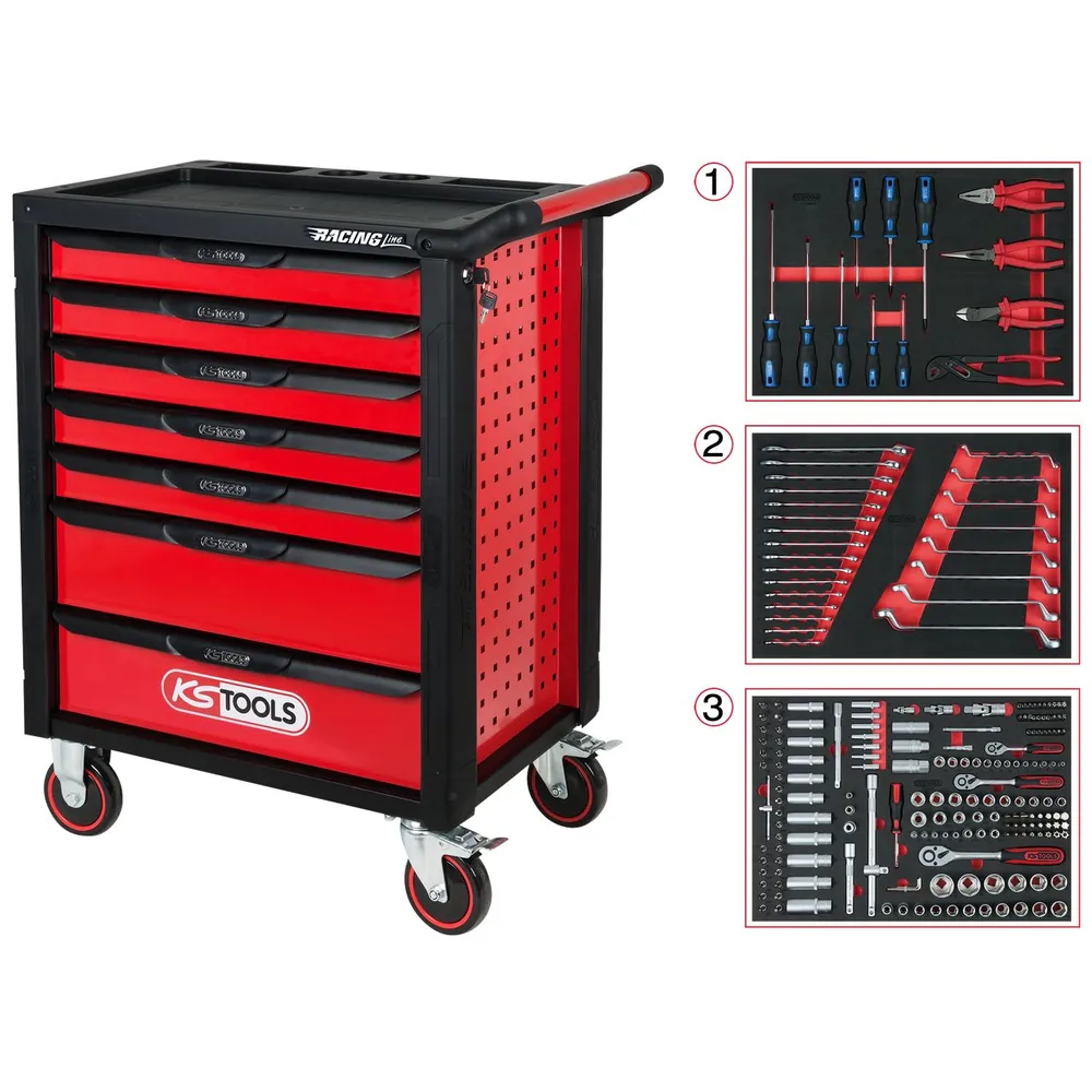 KSTOOLS RACINGline SCHWARZ/ROT Werkstattwagen mit 7 Schubladen und 215 Premium-Werkzeugen Produktbild img1 L