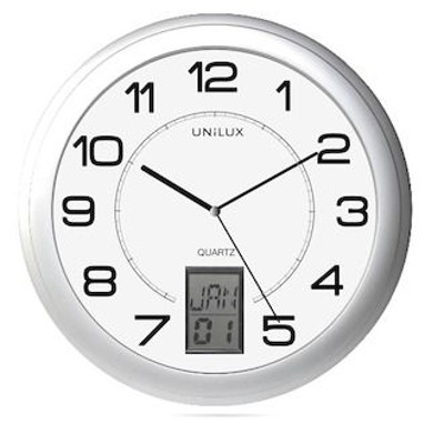 Produktbild von Unilux - Wanduhr, 30,5cm, rund, silber, 100340853, digitale Angabe von Datum / 