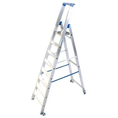 Produktbild von KRAUSE® - Stufenstehleiter aus Aluminium, mit Fahrrollen und 2 Sicherheitsgurte