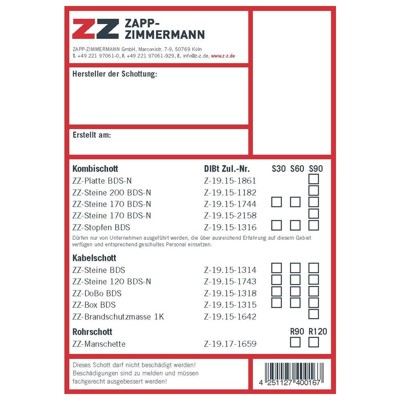 Produktbild von ZAPP-ZIMMERMANN - Kennzeichnungsschild AbZ (DIBt) Systeme