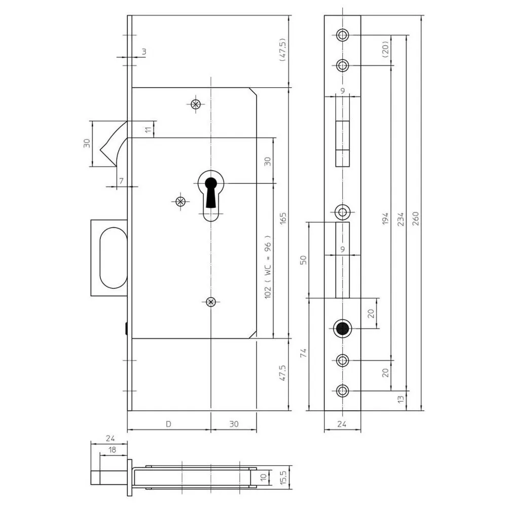 KFV ST-Einsteckschloss, BB, D55,20rd, DL/DR Produktbild img2 L