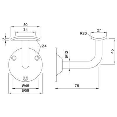 Produktbild von KWS - 4524 Handlaufstütze Stahl, silber für 75mm Wandabstand