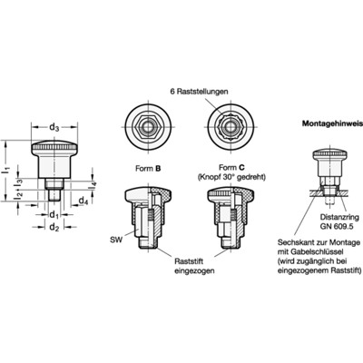 Produktbild von Ganter Norm® - 822-7-C-NI-RT Miniraster, Rastmechanik verdeckt, mit rotem Knopf