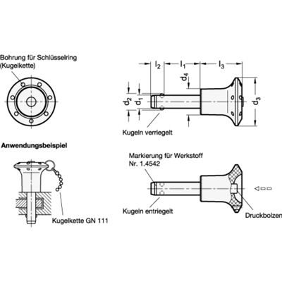 Produktbild von Ganter Norm® - 113.6-5-10 Edelstahl-Kugelsperrbolzen, mit Kunststoff-Knopf, Bol