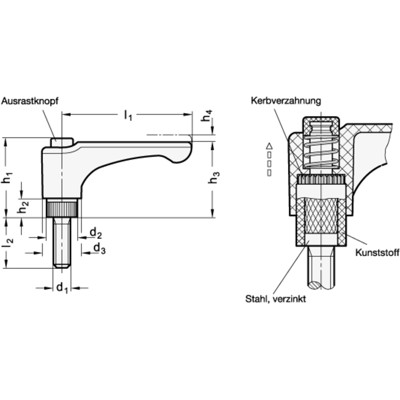 Produktbild von Ganter Norm® - 600-30-M6-10-DGR Flache verstellbare Klemmhebel mit Ausrastknopf