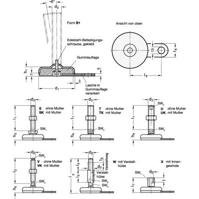 Produktbild von Ganter Norm® - 33-100-M16-250-B1-TK Edelstahl-Stellfüße, mit Gummiauflage, mit 