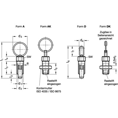 Produktbild von Ganter Norm® - 717-4-M8X1-A-ST Rastbolzen, Stahl, mit Zugring / Zugöse, ohne Ra
