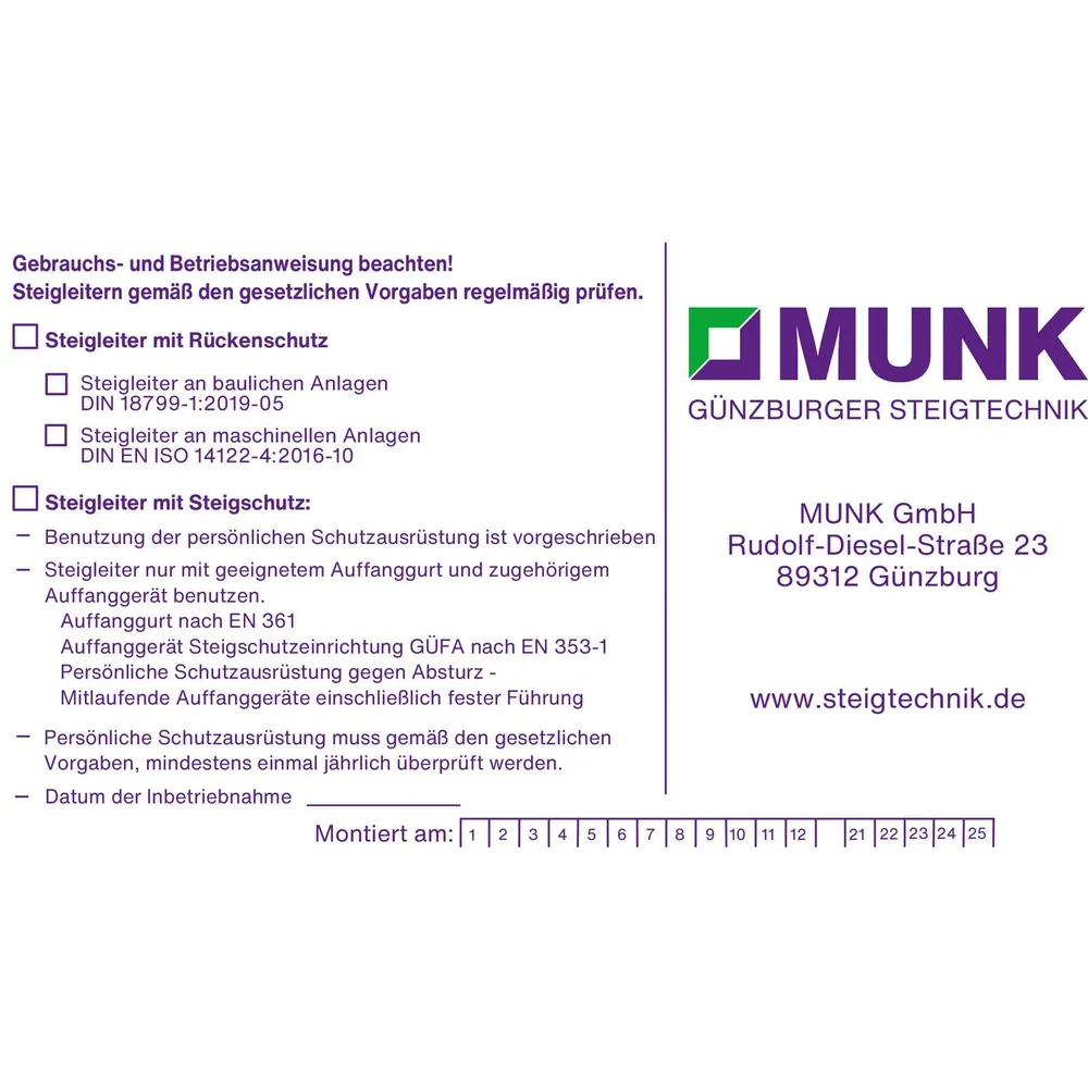 MUNK Günzburger Steigtechnik Kennzeichnungsschild Fallschutz Steigleiter Produktbild img1 L