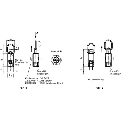Produktbild von HALDER - Rastbolzen, mit Zugring/ohne Arretierung | d1=10 mm / d2=M16 / Stahl |