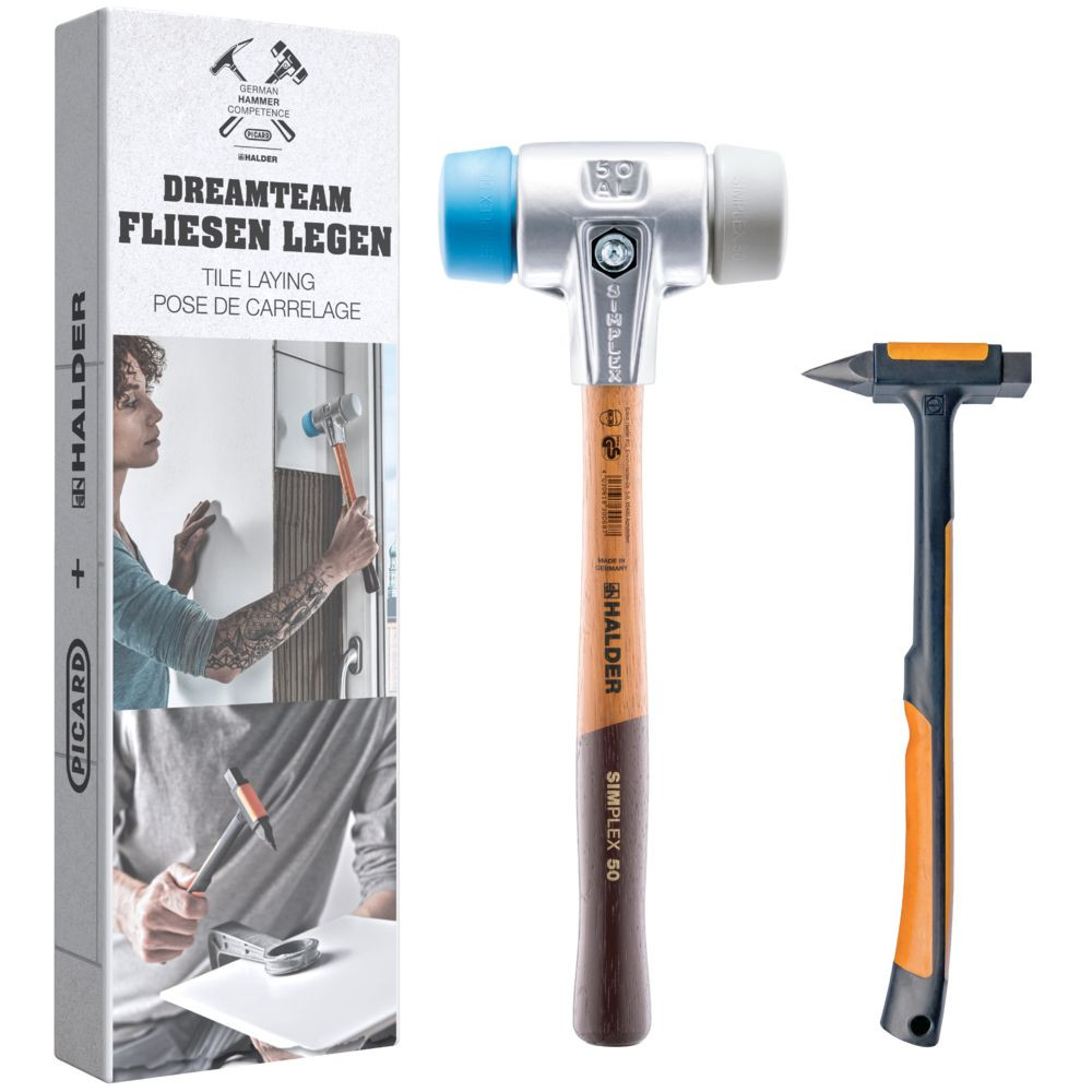 HALDER Aktionsbox "Dreamteam Fliesen legen", SIMPLEX-Schonhammer, TPE-soft / TPE-mid und PICARD Fliesenlegerhammer | 3113s002 Produktbild img1 L