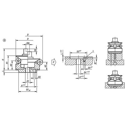 Produktbild von KIPP - ZENTRIERSPANNER FORM:A MIT KUGEL, D=86,5, D1=M16, D4=17, STAHL GEHÄRTET 