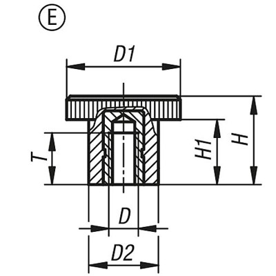 Produktbild von KIPP - RÄNDELKNOPF D=M05 D1=22, FORM:E DUROPLAST, SCHWARZ, KOMP:MESSING, GLÄNZE