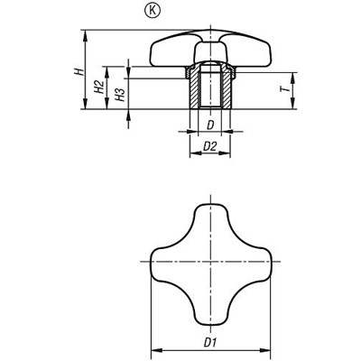 Produktbild von KIPP - KREUZGRIFF METALLDETEKTIERBAR, MIT VORSTEHENDER BUCHSE, FORM:K D=M08, D1