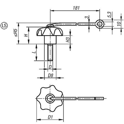 Produktbild von KIPP - STERNGRIFF ÄHNLICH DIN6336 MIT SICHERUNGSBAND D=M05X15, D1=25 H=16, FORM