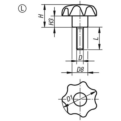 Produktbild von KIPP - STERNGRIFF ÄHNLICH DIN6336 D=M06X40, D1=25, FORM:L, THERMOPLAST SCHWARZ,