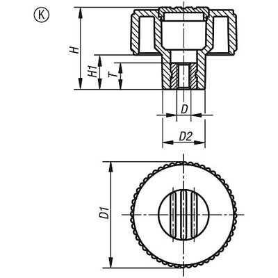 Produktbild von KIPP - RÄNDELRAD GR.2, D1=50 D=M08 , FORM:K, THERMOPLAST SCHWARZGRAU RAL7021, K