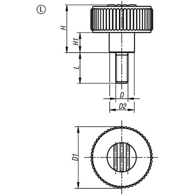 Produktbild von KIPP - RÄNDELRAD GR.3, D1=63 D=M10X30, , FORM:L, THERMOPLAST SCHWARZGRAU RAL702