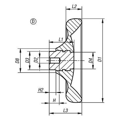 Produktbild von KIPP - SCHEIBENHANDRAD D1=125 VORGEBOHRT D2=8, GR.2, FORM:D, DUROPLAST, KOMP:ED