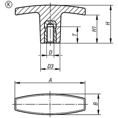 Produktbild von KIPP - T-GRIFF D=M05, A=40, B=13, H=30,5, FORM:K THERMOPLAST, SCHWARZ, KOMP:MES