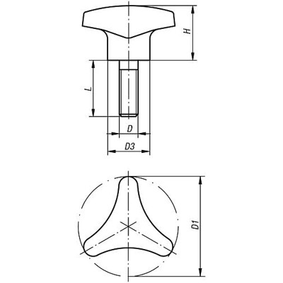 Produktbild von KIPP - DREISTERNGRIFF HOHER BUND D=M10X25 D1=62 H=35, FORM:L DUROPLAST, SCHWARZ