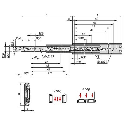 Produktbild von KIPP - TELESKOPSCHIENE L=457, ÜBERAUSZUG S=483, , STAHL VERZINKT, MONTAGE SEITL