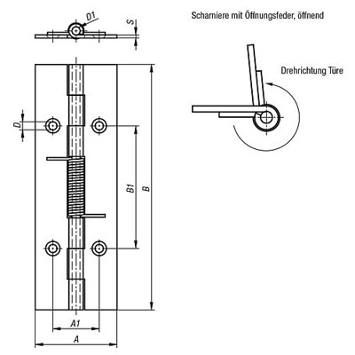 Produktbild von KIPP - FEDERSCHARNIER FEDER ÖFFNEND A=40, B=120, FORM:B MIT BOHRUNG, EDELSTAHL 