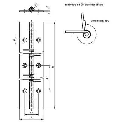 Produktbild von KIPP - FEDERSCHARNIER FEDER ÖFFNEND A=40, B=180, FORM:B MIT BOHRUNG, EDELSTAHL 