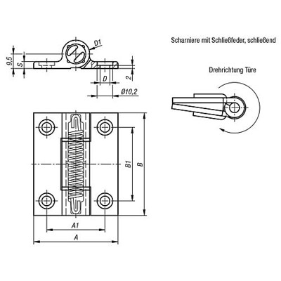 Produktbild von KIPP - FEDERSCHARNIER FEDER SCHLIEßEND A=55, B=67, ALUMINIUM SCHWARZ SCHWARZ