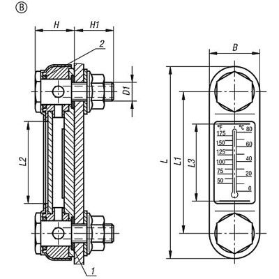 Produktbild von KIPP - ÖLSTANDSANZEIGER FORM:B MIT THERMOMETER 107X31X24,5, L1=76, D1=M12, STAH