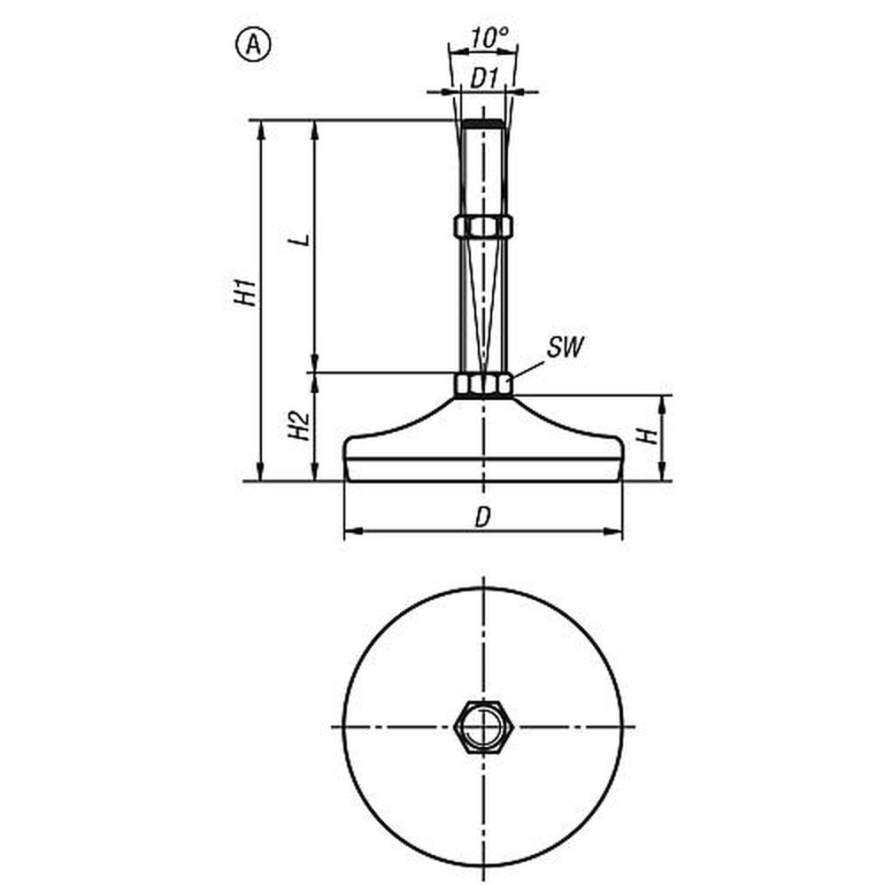 KIPP STELLFUß, FORM:A M12X100, D=60, EDELSTAHL 1.4301, KOMP:GUMMI Produktbild img2 L