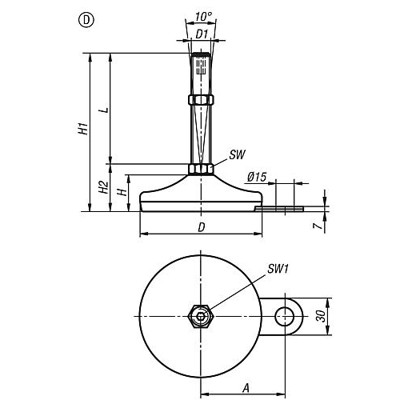 Produktbild von KIPP - STELLFUß MIT INNENSECHSKANT, FORM:D M12X50, D=60, EDELSTAHL 1.4301, KOMP