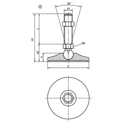 Produktbild von KIPP - GELENKFUß, D=50 D1=M10X125, SW=14, FORM:A, STAHL