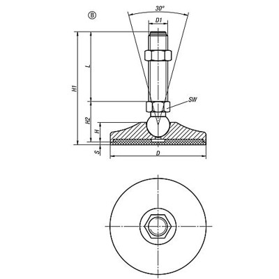 Produktbild von KIPP - GELENKFUß, D=65 D1=M16X125, SW=16, FORM:B ANTI-SLIP-PLATTE, STAHL, KOMP: