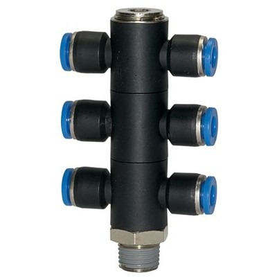 Produktbild von RIEGLER® - T-Mehrfachverteiler »Blaue Serie«, 6-fach drehbar, R 1/2" A Ø12mm