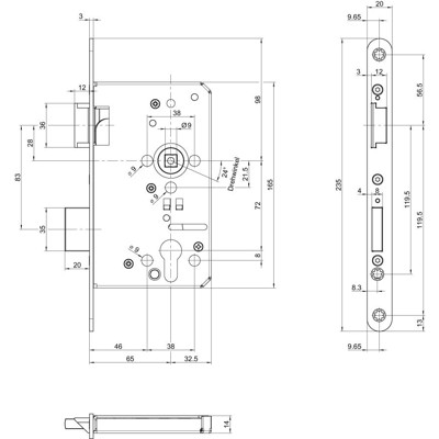 Produktbild von BKS - PA-Einsteckschloss 12101,PZW72/9,D65,F24x235rd,ER,PAF-E,DL