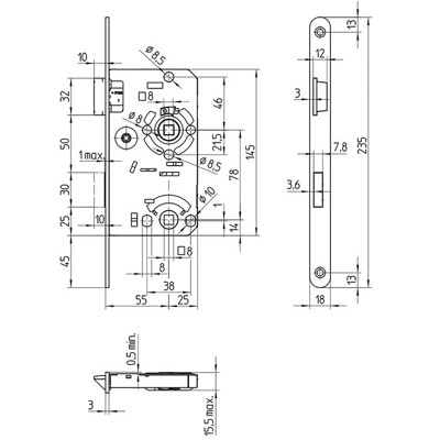 Produktbild von SAG - Einsteckschloss 1413000,WC78/8,D55,F20x235rd,NiSi,DR