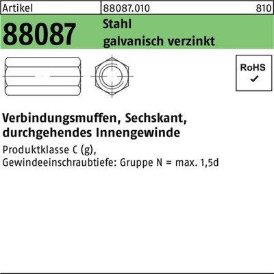 Produktbild von null - Verbindungsmuffe 6-kant ART 88087 M10 x 40 SW 13 gal Zn S