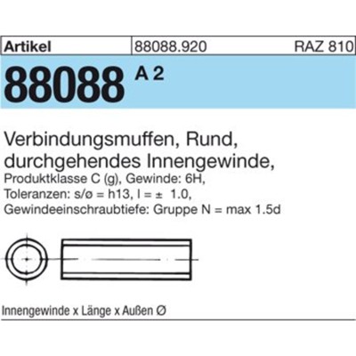 Produktbild von null - Verbindungsmuffe ART 88088 rund M12 x 40 x 15 Stahl, gal Zn S