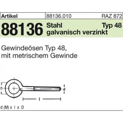 Produktbild von NOBRAND - ART 88136 Gewindeösen Stahl Typ 48 M 4 x 20 galv. verzinkt gal Zn S