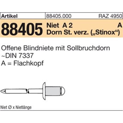 Produktbild von null - Blindniete ART 88405 A 2/Stahl verzinkt FLAKO A 4 x 6 S